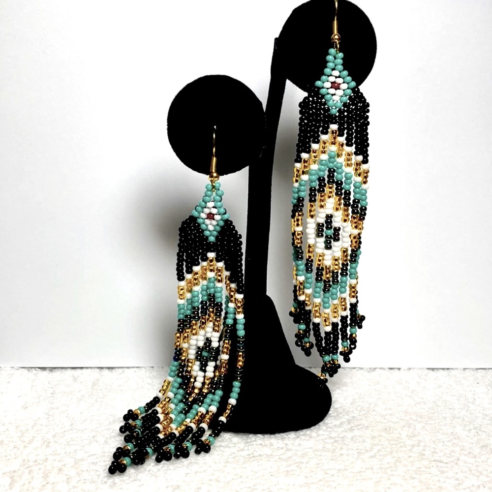 Luxury Hand Crafted Beaded Earrings Chandelier 4” Quality Materials Gypsy Boho - Picture 2 of 5